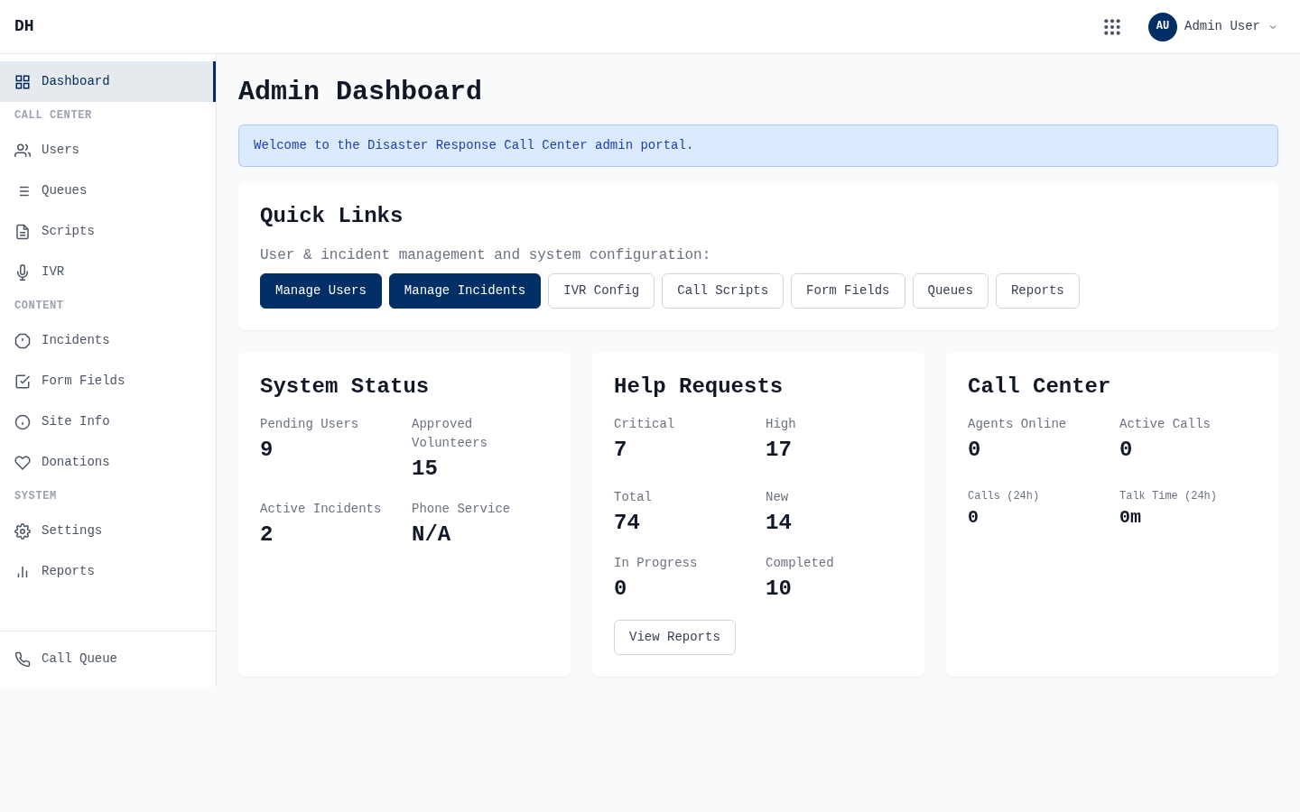 Reach admin dashboard showing system status, help request metrics, and call center activity