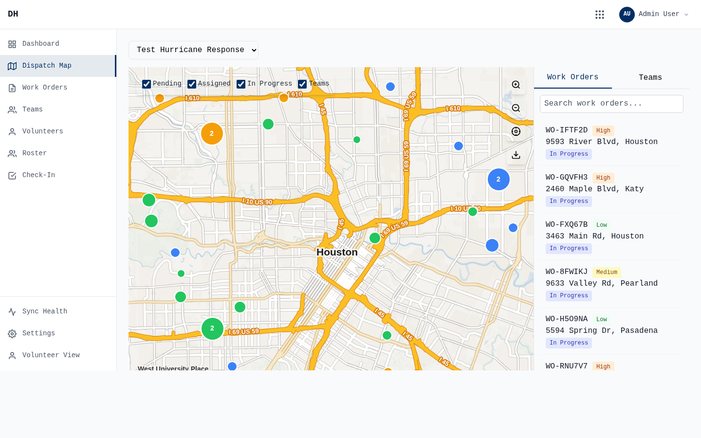 Respond dispatch map showing work order locations and team assignments